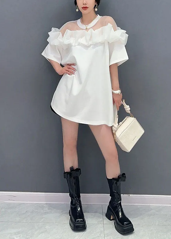 Fashion White O Neck Ruffled Tulle Patchwork Cotton Mid Dress Summer LY5739