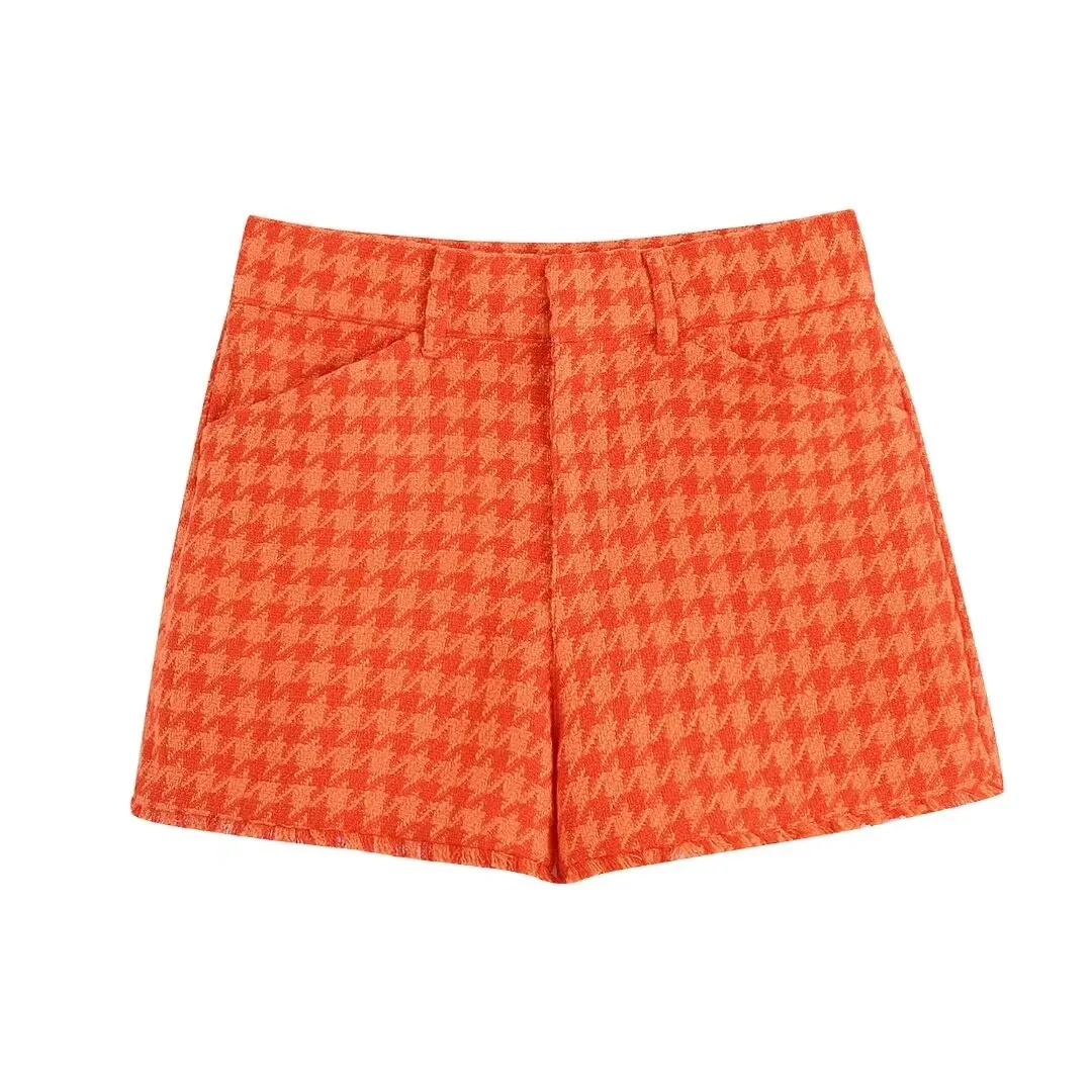 Fashionkova  Fashion Women Orange Tweed Cropped Jacket Single Breasted Turn-Down Collar High Waist Casual Girls High Waist Shorts