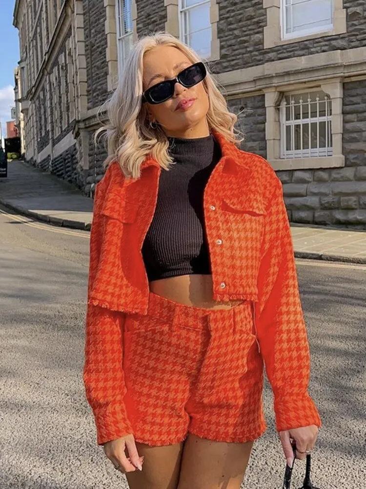 Fashionkova  Fashion Women Orange Tweed Cropped Jacket Single Breasted Turn-Down Collar High Waist Casual Girls High Waist Shorts