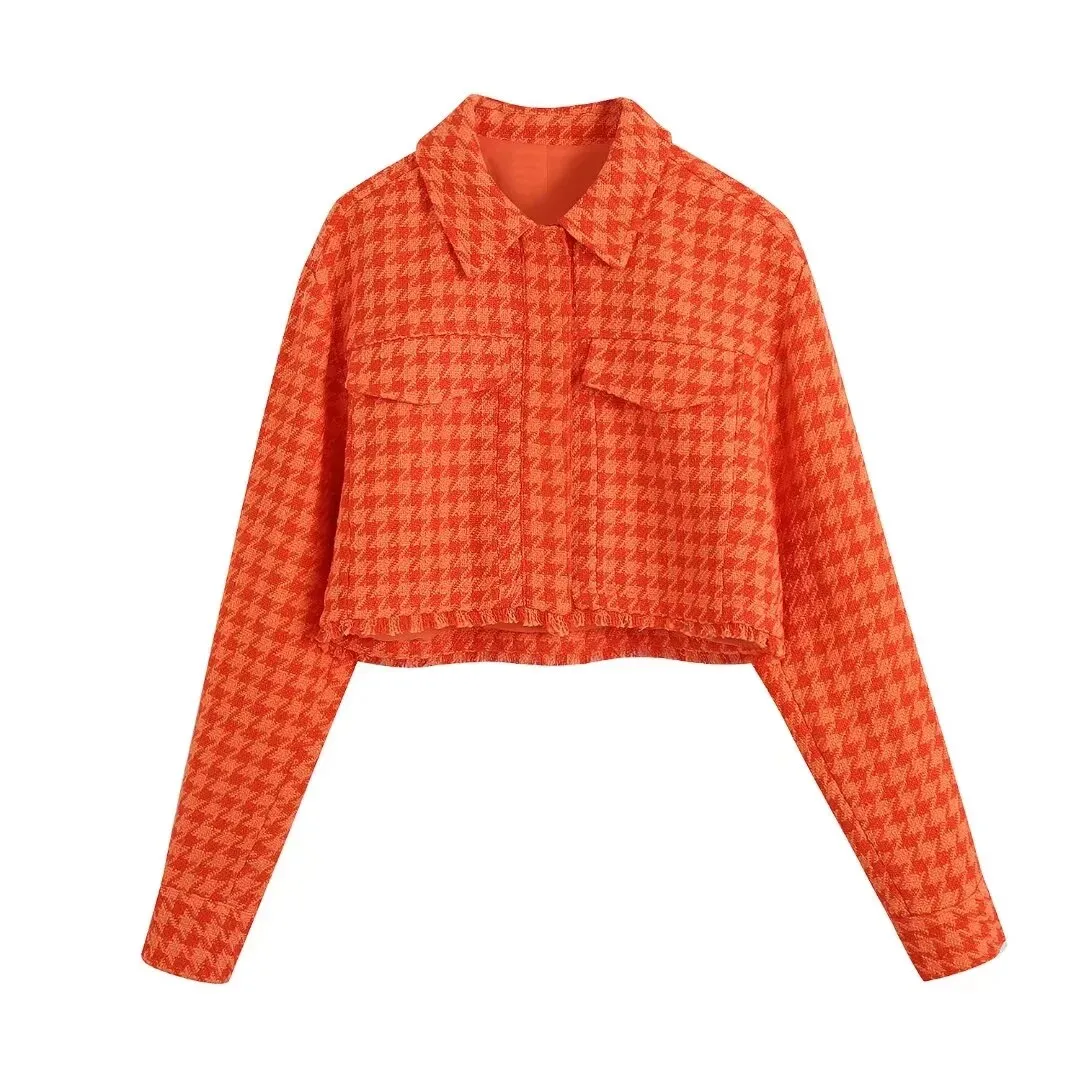 Fashionkova  Fashion Women Orange Tweed Cropped Jacket Single Breasted Turn-Down Collar High Waist Casual Girls High Waist Shorts