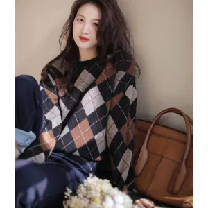 Fashionkova  Rhomboid Knitted Patchwork Colored Thickened Woolen Sweater For Women's Autumn/Winter Round Neck Loose Cashmere Sweater
