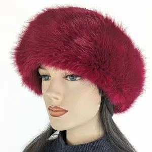 Faux Fur and Fleece Fashion Pillbox Beanie Toque Hat, stylish raspberry fur with chenille tweed