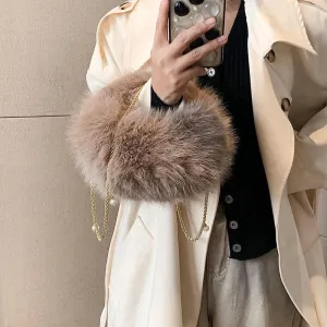 Faux Fur Crossbody Bags Women's Soft Chain Strap Snap Short Wrist Handle Purses