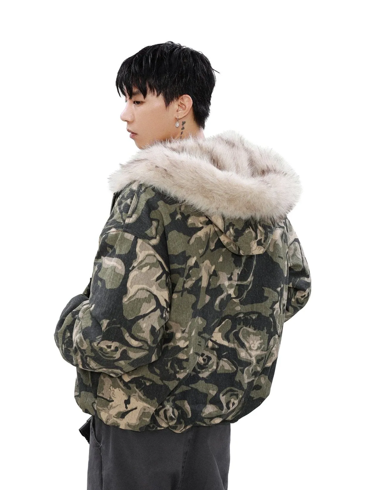 Faux Fur Line Camo Hooded Bomber Jacket