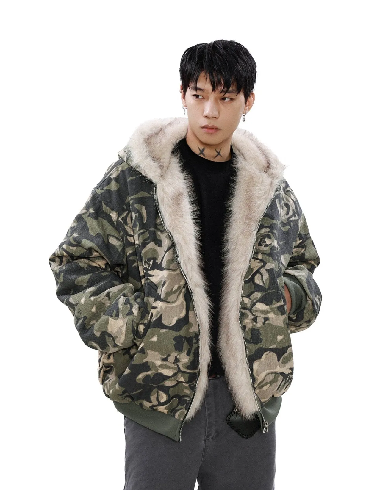 Faux Fur Line Camo Hooded Bomber Jacket