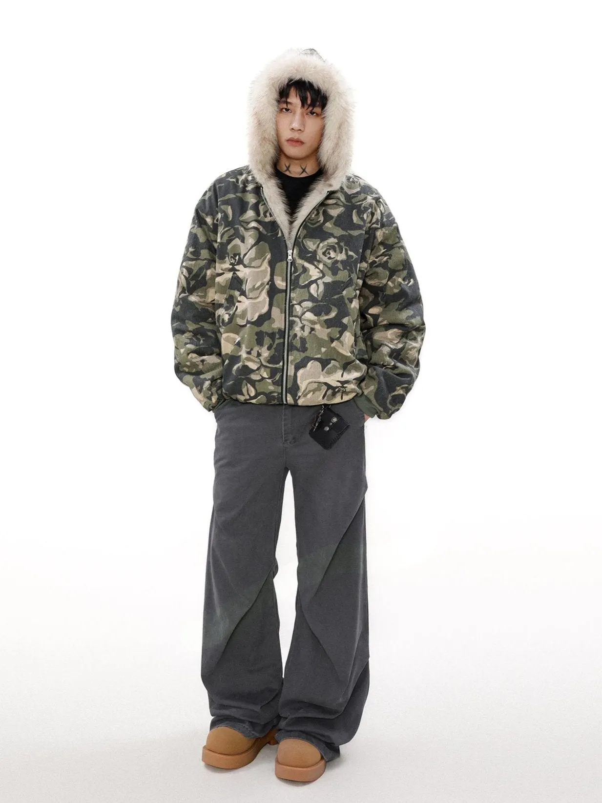 Faux Fur Line Camo Hooded Bomber Jacket