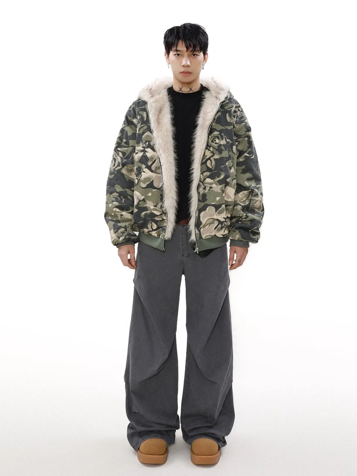Faux Fur Line Camo Hooded Bomber Jacket