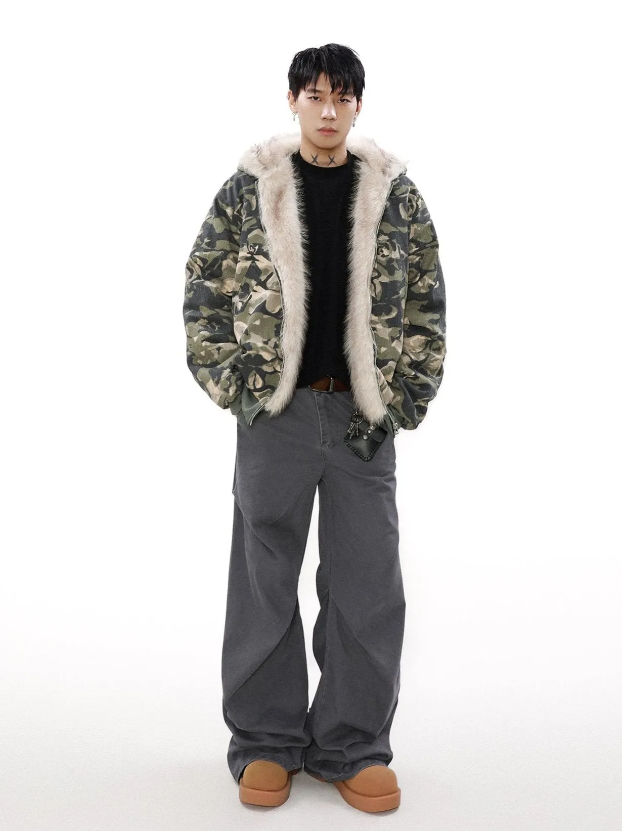 Faux Fur Line Camo Hooded Bomber Jacket