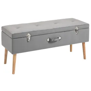 Faux Velvet Tufted Ottoman Trunk w/ Wooden Legs Grey