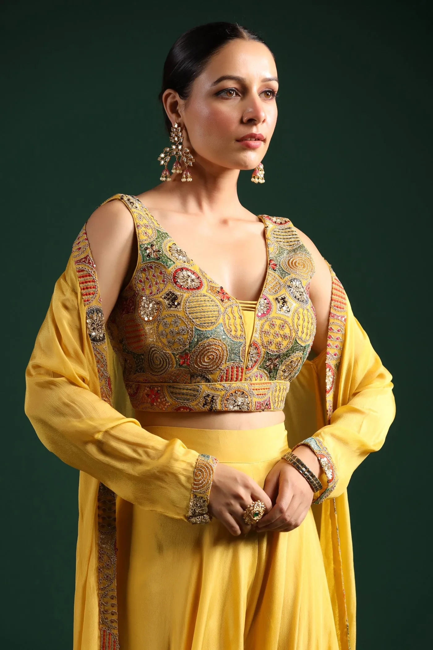Festive Yellow Embroidered Cape Set