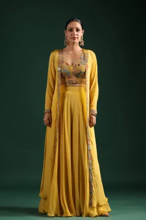 Festive Yellow Embroidered Cape Set