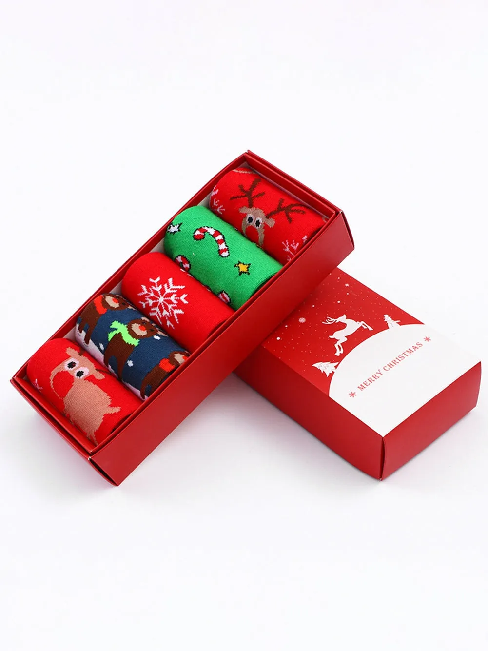 Fiery Red 5 Pairs Christmas Cartoon Elk Soft One Size Socks Set