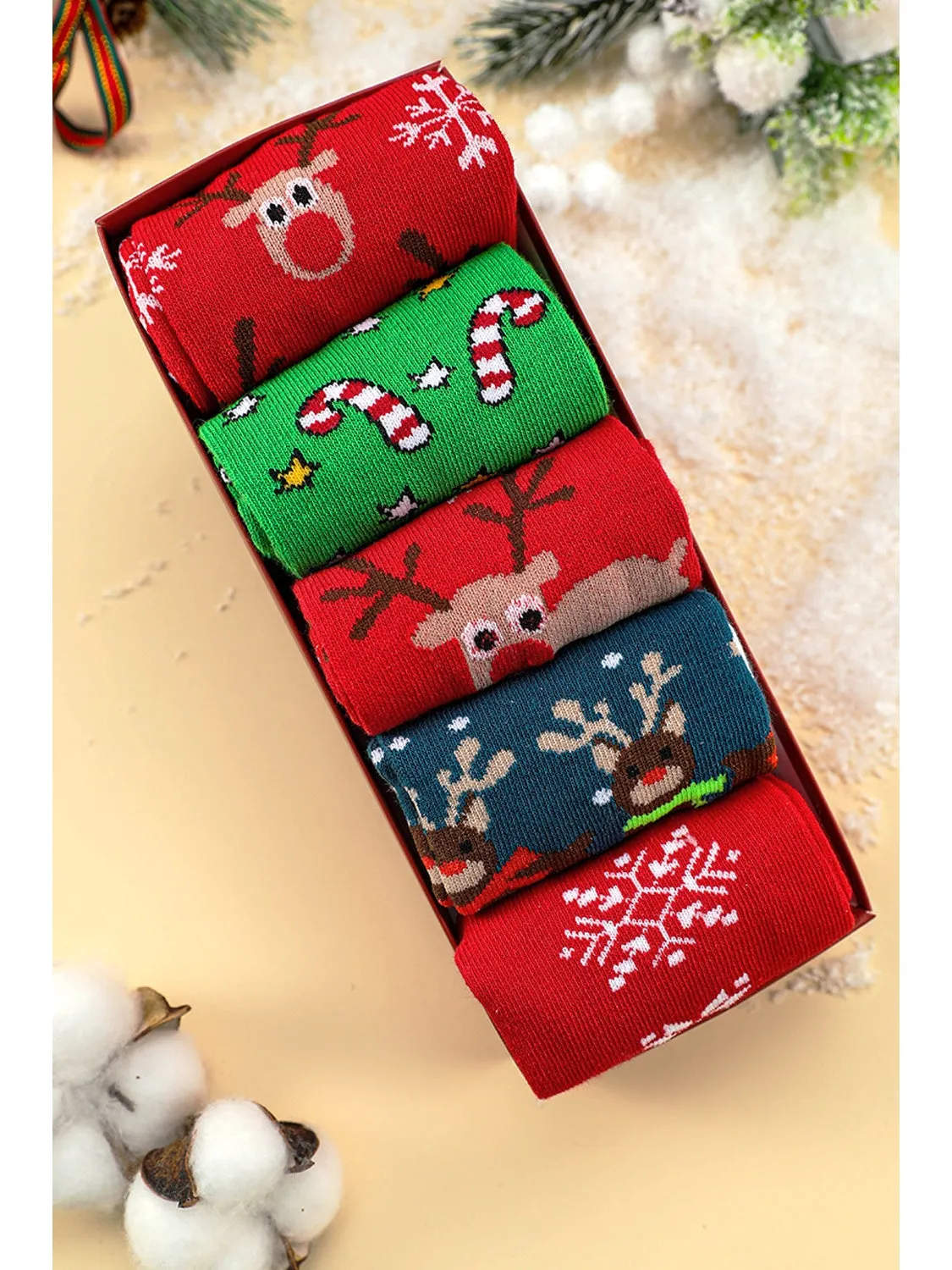 Fiery Red 5 Pairs Christmas Cartoon Elk Soft One Size Socks Set