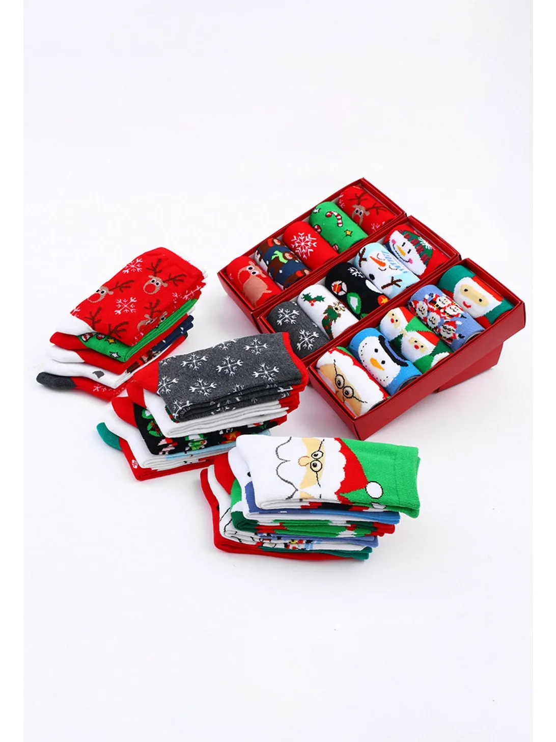 Fiery Red 5 Pairs Christmas Cartoon Elk Soft One Size Socks Set