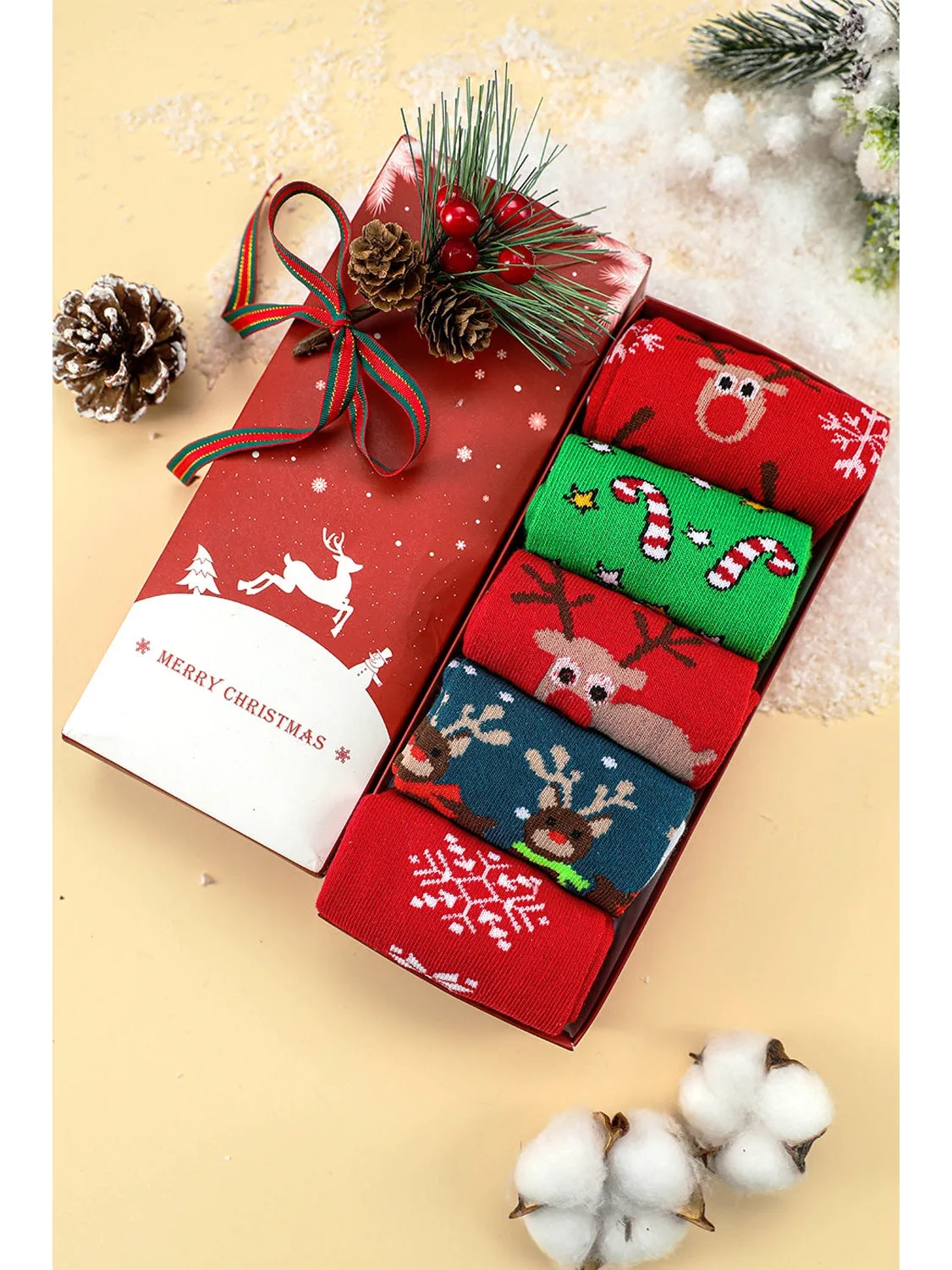 Fiery Red 5 Pairs Christmas Cartoon Elk Soft One Size Socks Set