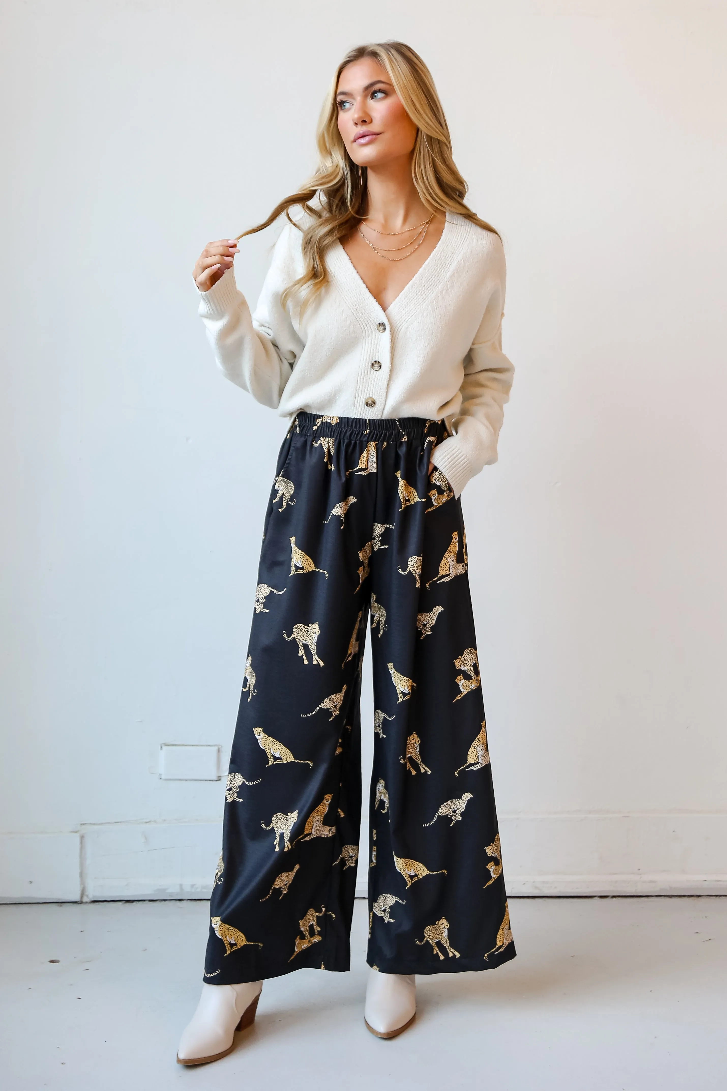 FINAL SALE - Fierce Instincts Black Cheetah Wide Leg Pants