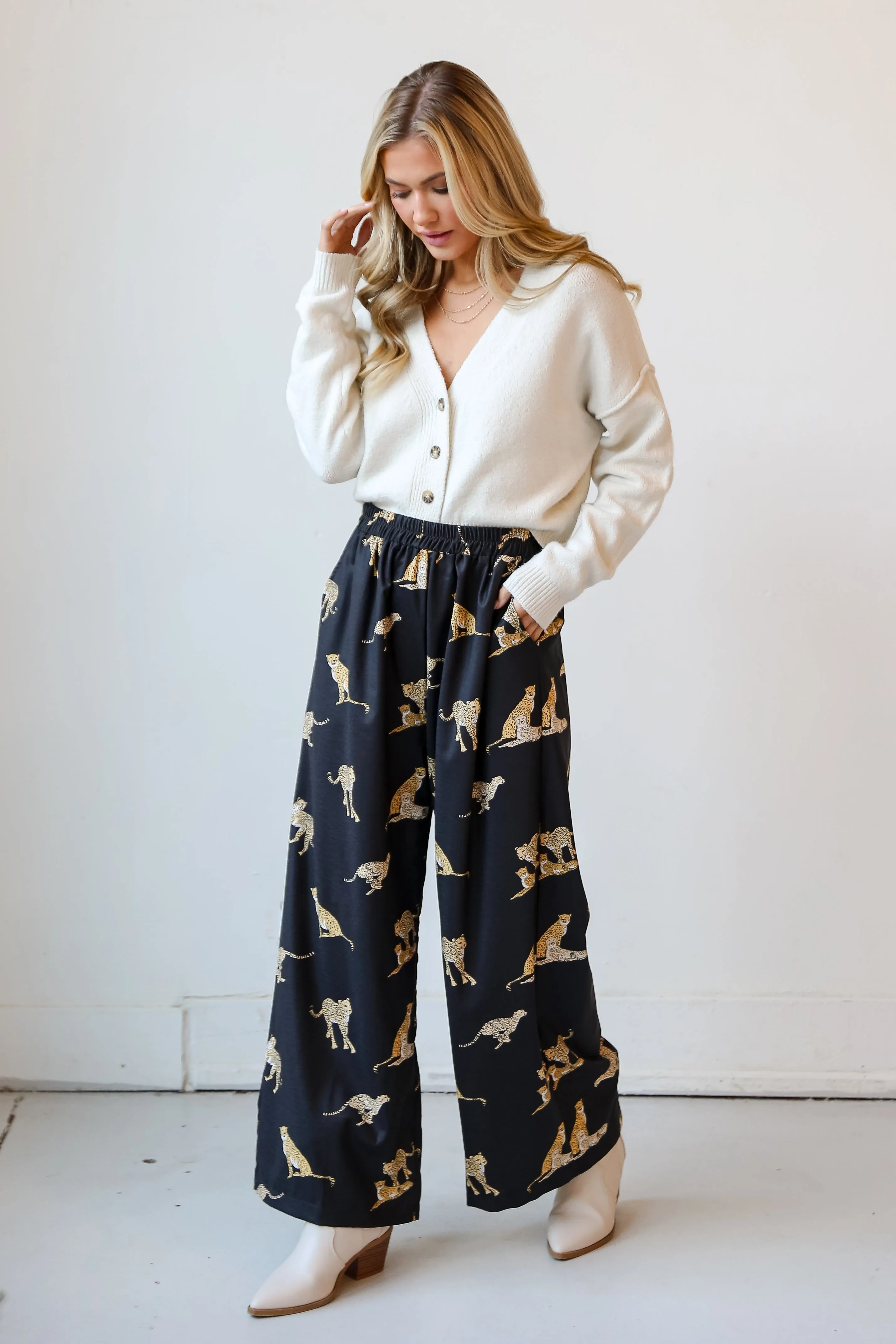 FINAL SALE - Fierce Instincts Black Cheetah Wide Leg Pants