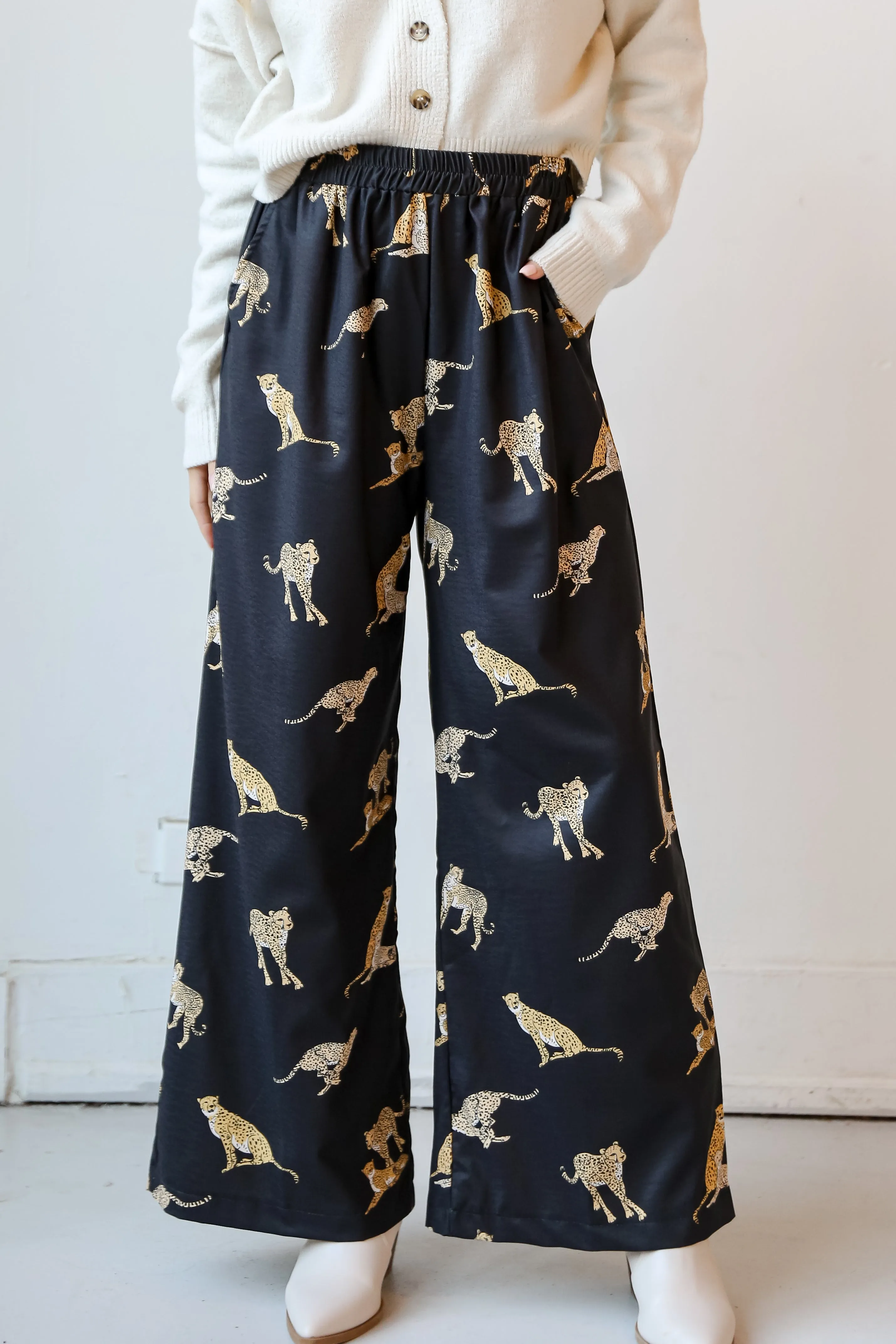 FINAL SALE - Fierce Instincts Black Cheetah Wide Leg Pants