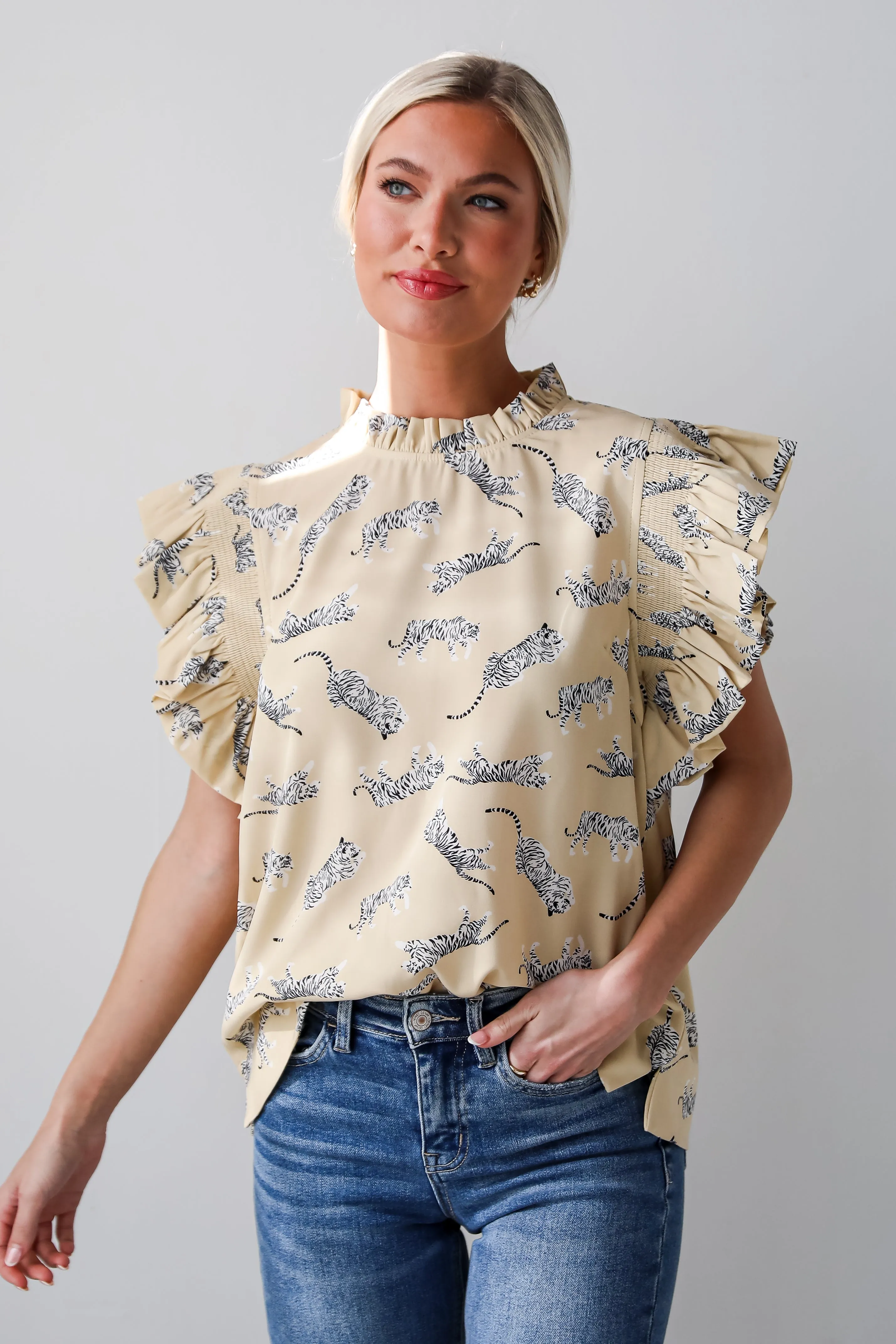 FINAL SALE - Untamed Cutie Tiger Print Ruffle Blouse