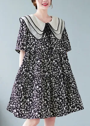Fine Black Peter Pan Collar Wrinkled Print Patchwork Cotton Mid Dresses Summer LY5361