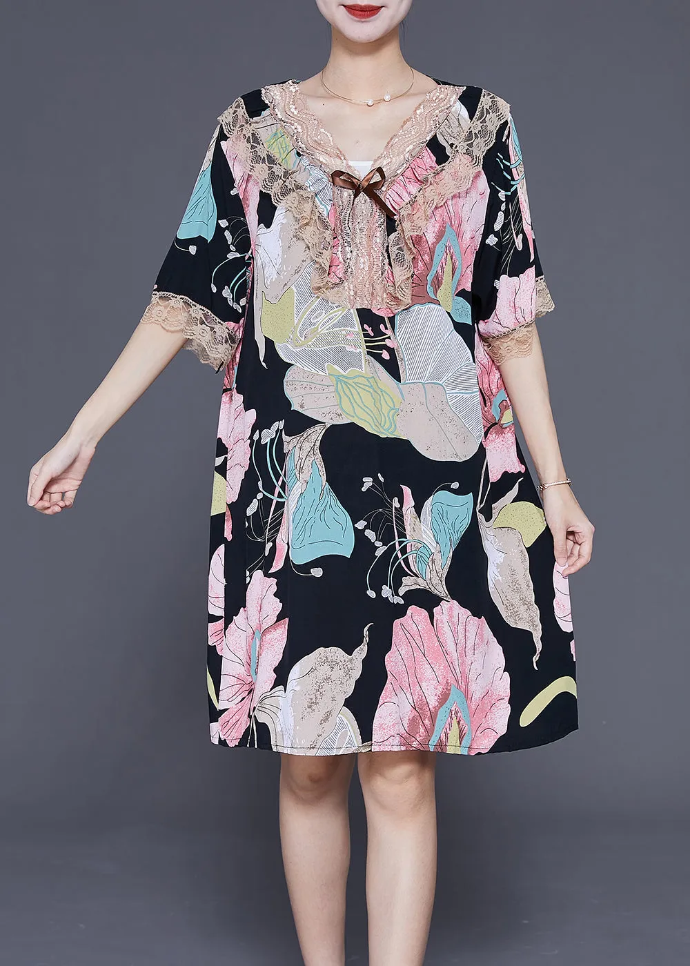 Fine Black Print Lace Patchwork Cotton Holiday Dress Summer LY3695