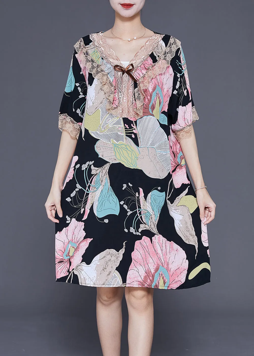 Fine Black Print Lace Patchwork Cotton Holiday Dress Summer LY3695
