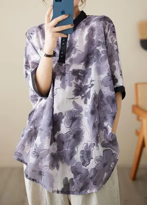 Fine Grey Peter Pan Collar Print Patchwork Cotton Blouses Summer LY5303
