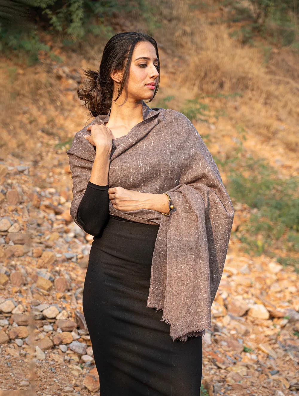 Fine, Soft Himachal Wool Plain Shawl - Brown Specks