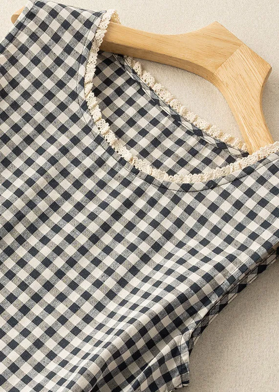 Fitted Black White Plaid O-Neck Patchwork Tie Waist Maxi Dress Summer LY4445