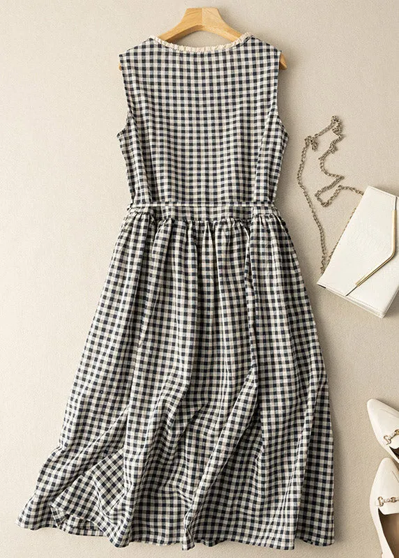 Fitted Black White Plaid O-Neck Patchwork Tie Waist Maxi Dress Summer LY4445