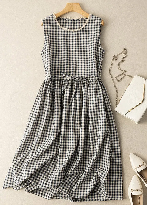 Fitted Black White Plaid O-Neck Patchwork Tie Waist Maxi Dress Summer LY4445