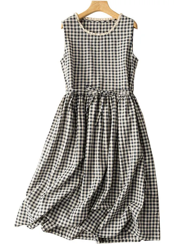 Fitted Black White Plaid O-Neck Patchwork Tie Waist Maxi Dress Summer LY4445