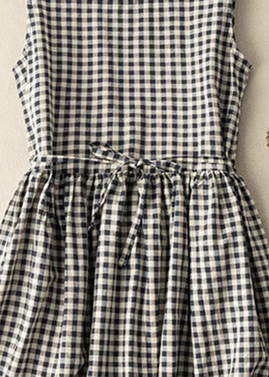 Fitted Black White Plaid O-Neck Patchwork Tie Waist Maxi Dress Summer LY4445