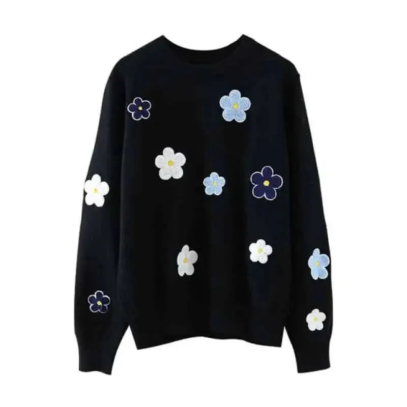 Floral Embroidered O Neck Knitted Sweater