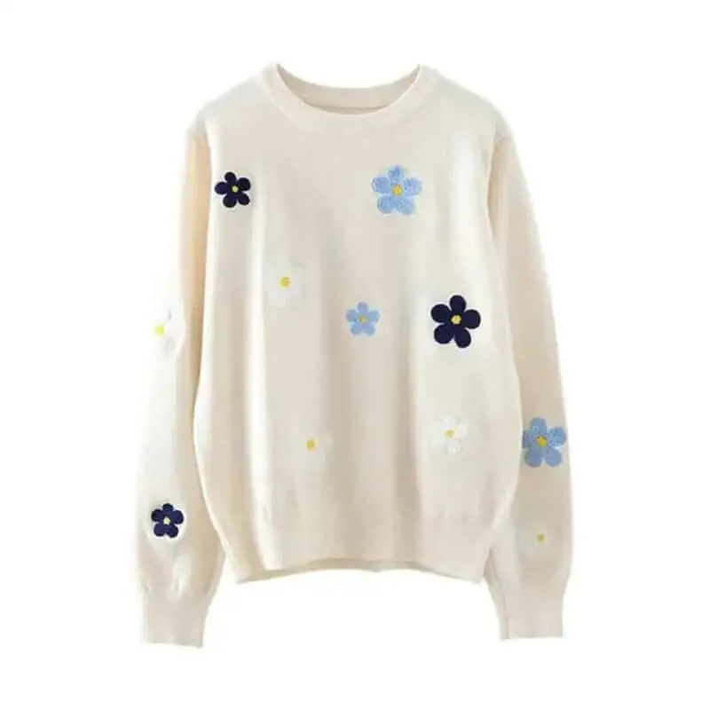 Floral Embroidered O Neck Knitted Sweater