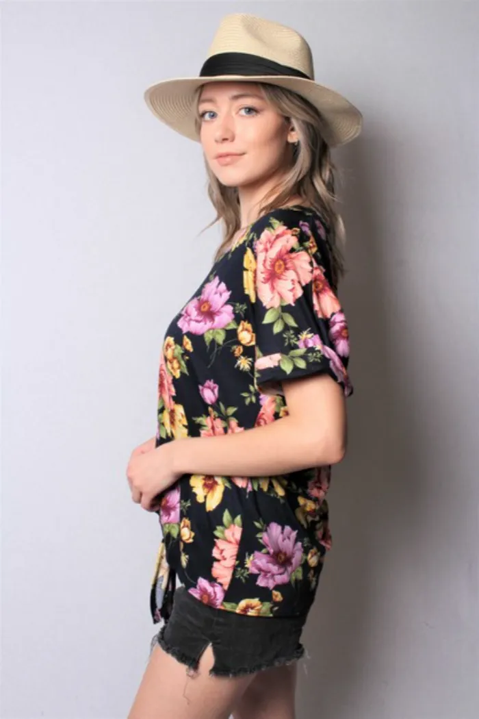 Floral V Neck Top Front Knot