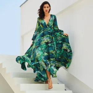 Flowing Tropical Summer V-Neck Maxi Dress