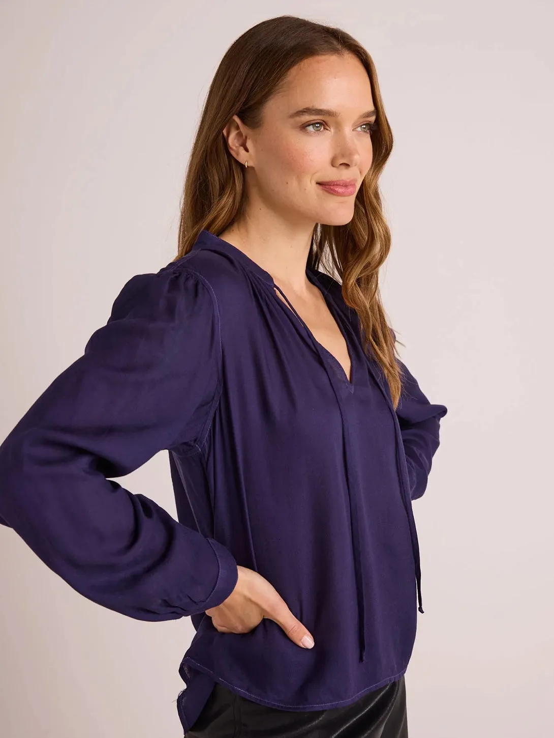 Flowy Tie Neck Pullover - Dark Sapphire