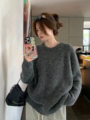 Flytonn-2024 new cashmere sweater women's round neck jumper autumn and winter thickened loose soft waxy wool sweater