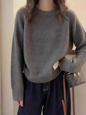 Flytonn-European-style round neck 100 pure cashmere sweater women's pullover long sleeve lazy loose thickened wool base sweater