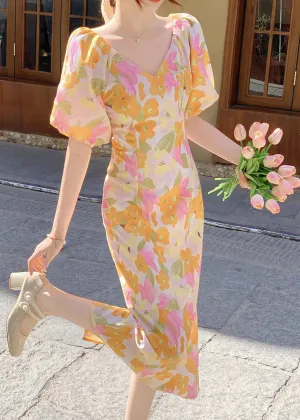FLYTONN- French V Neck Print Side Open Cotton Long Dress Summer XX050