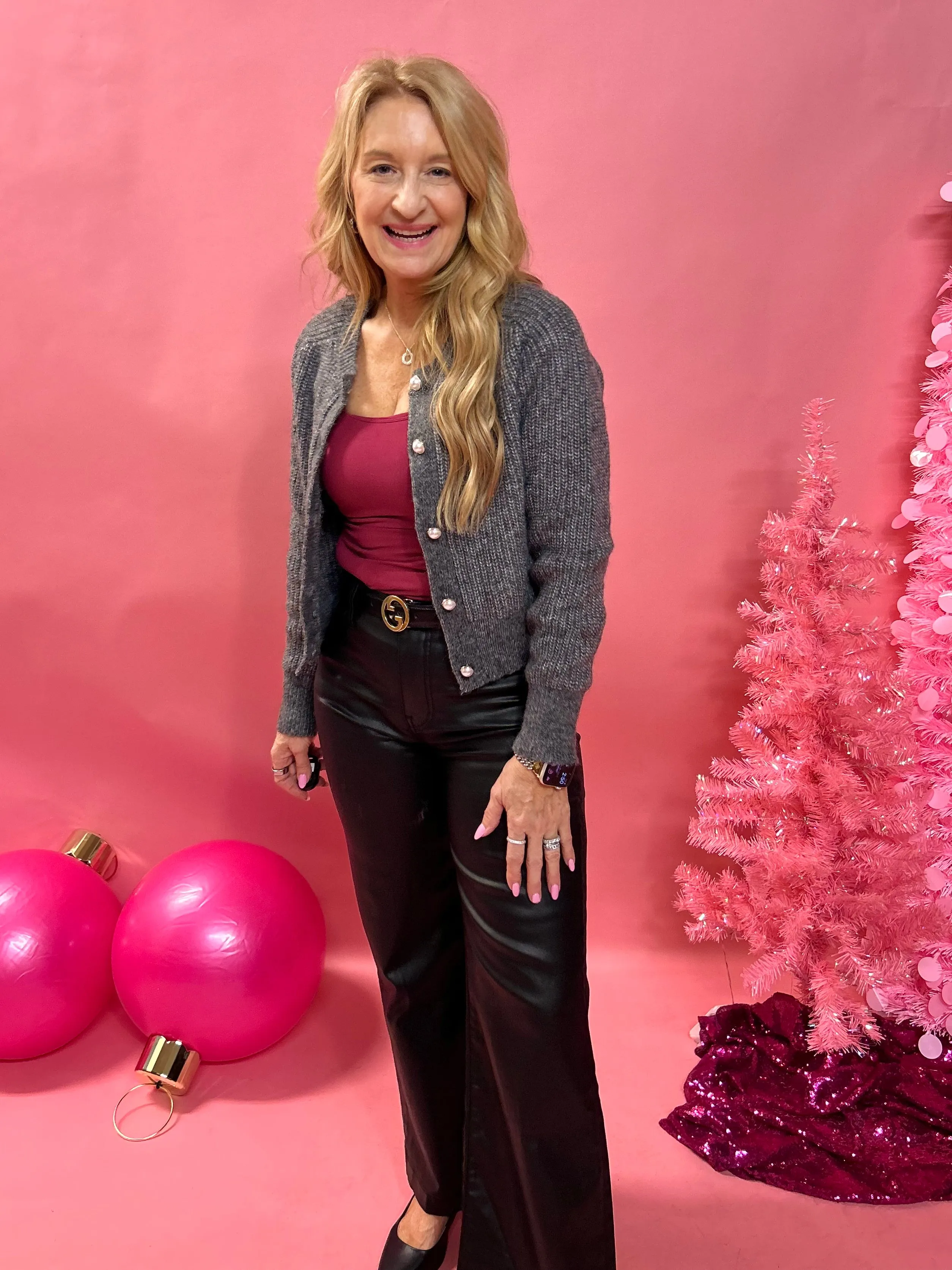 Found You Faux Pearl Button Down Cardigan in Grey
