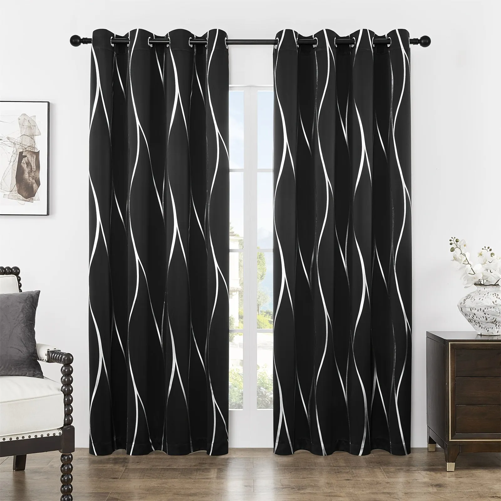 Four-piece Wavy Pattern Bronzing Blackout Curtains, Double-layer Thickened Shading Fabric, Suitable For Living Room And Bedroom Heat-insulated Sunshade Curtains Top-perforated Hanging, Heat-insulation, Silent And Thickened Warmth