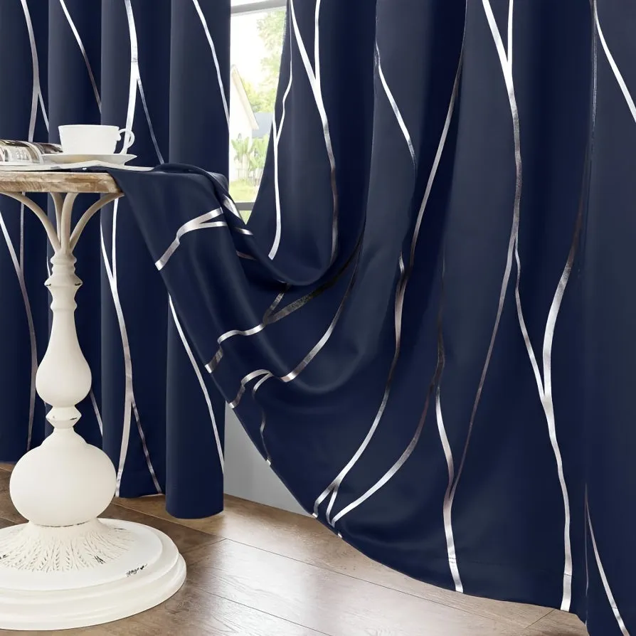 Four-piece Wavy Pattern Bronzing Blackout Curtains, Double-layer Thickened Shading Fabric, Suitable For Living Room And Bedroom Heat-insulated Sunshade Curtains Top-perforated Hanging, Heat-insulation, Silent And Thickened Warmth