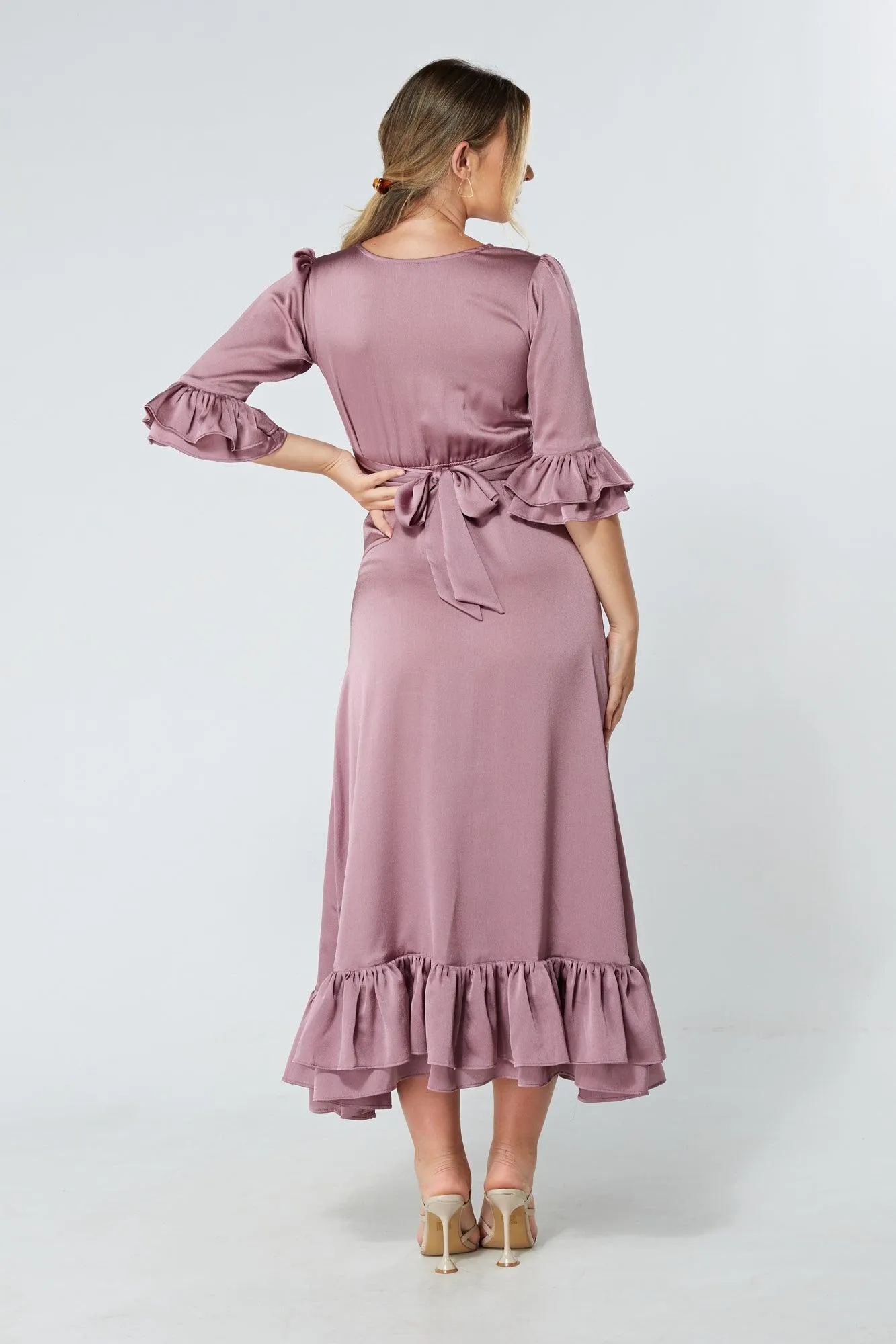 Francesca Frilled Hem Satin-Feel Lilac Midaxi Dress