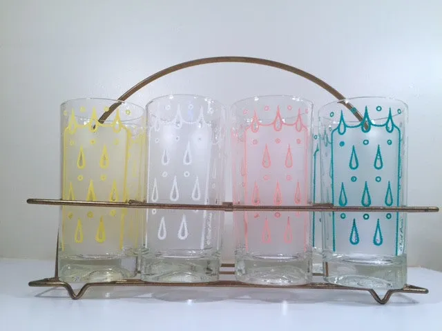 Fred Press - Signed Mid-Century Raindrop Bar Set (8 glasses and Carrier)