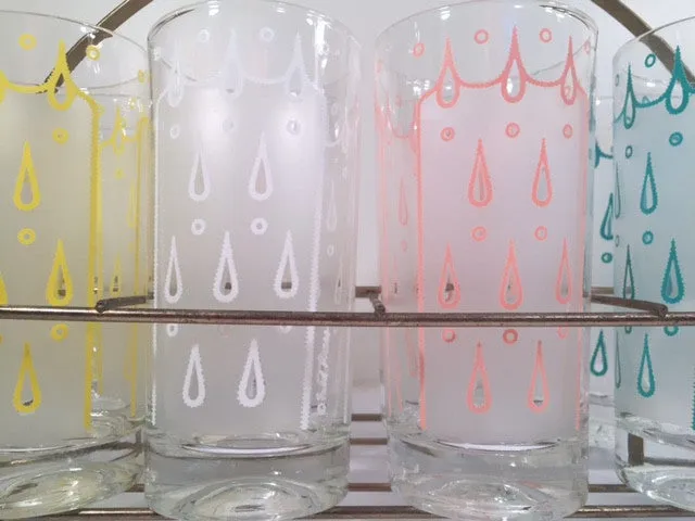 Fred Press - Signed Mid-Century Raindrop Bar Set (8 glasses and Carrier)