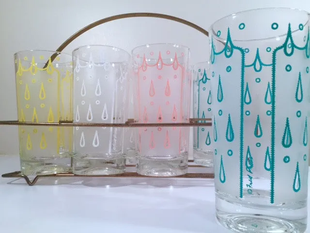 Fred Press - Signed Mid-Century Raindrop Bar Set (8 glasses and Carrier)