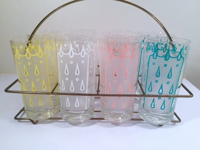 Fred Press - Signed Mid-Century Raindrop Bar Set (8 glasses and Carrier)