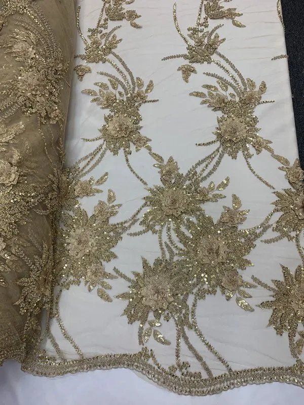 French Gold Modern 3D Flowers Beaded Mesh Lace Fabric By the Yard